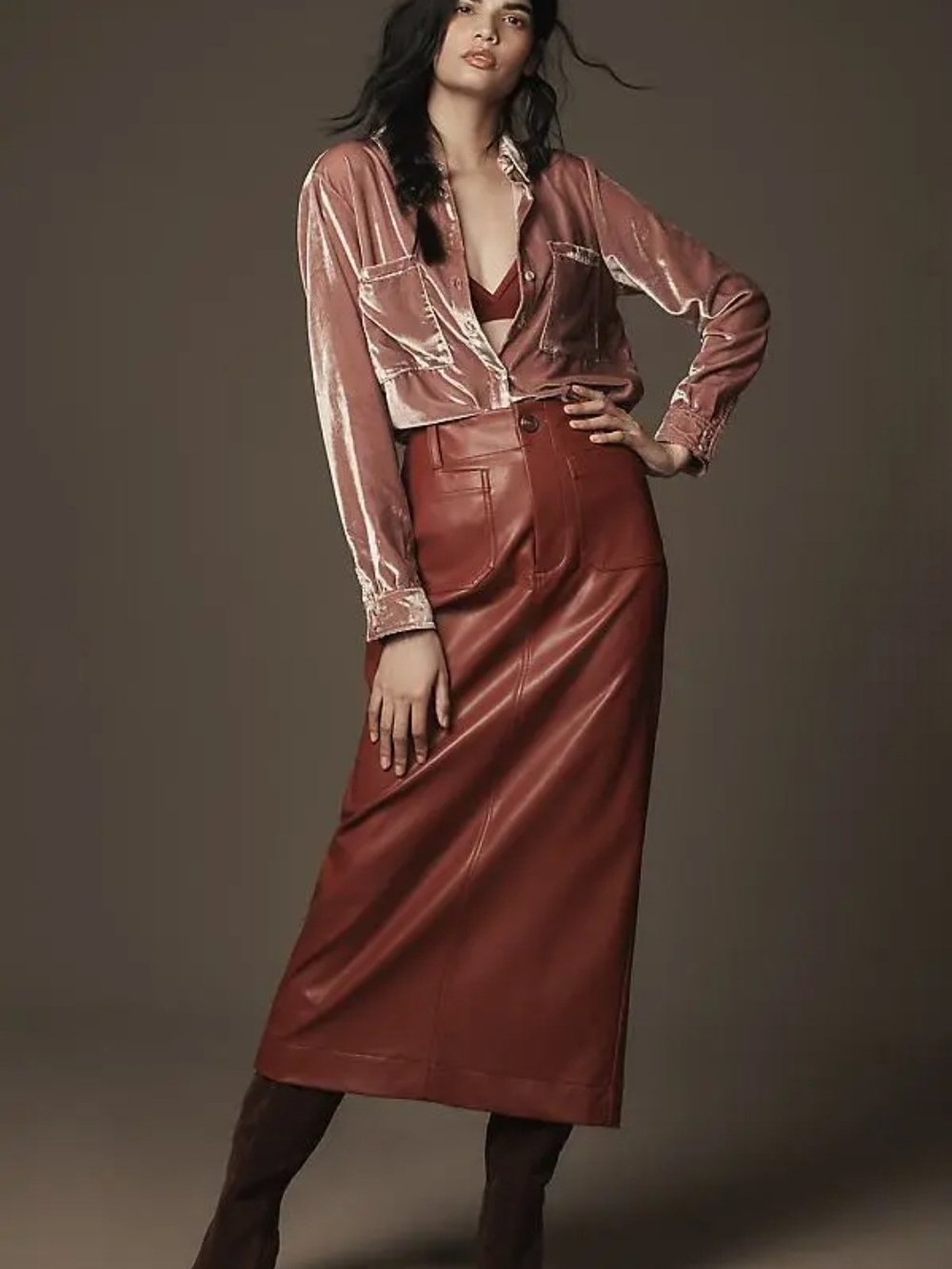 Maeve Rust Red The Colette Faux Leather Midi Skirt Size XXS